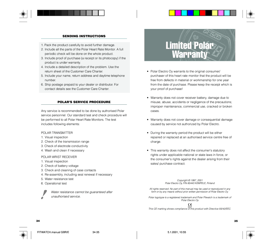 Polar FIN-90440 technical specifications Limited Polar Warranty, Sending Instructions, POLAR’S Service Procedure 