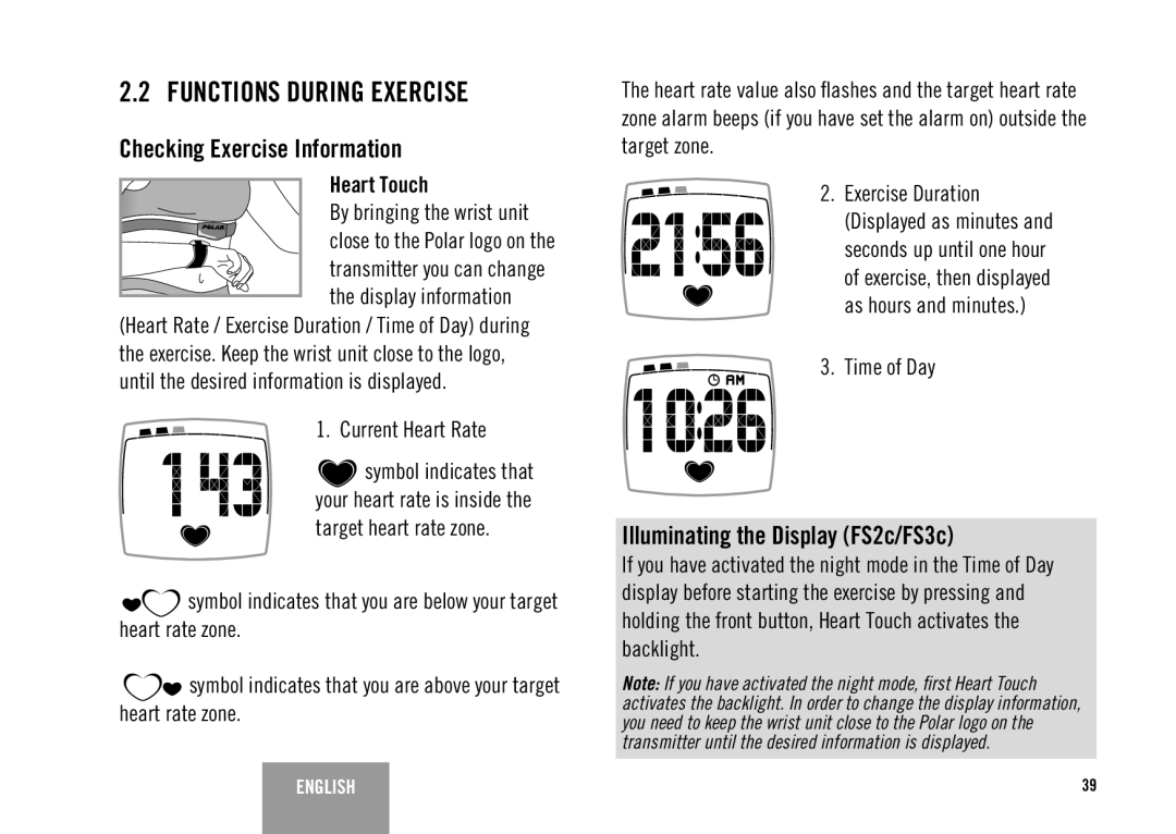 Polar FS2C Functions During Exercise, Checking Exercise Information, Illuminating the Display FS2c/FS3c, Heart Touch 