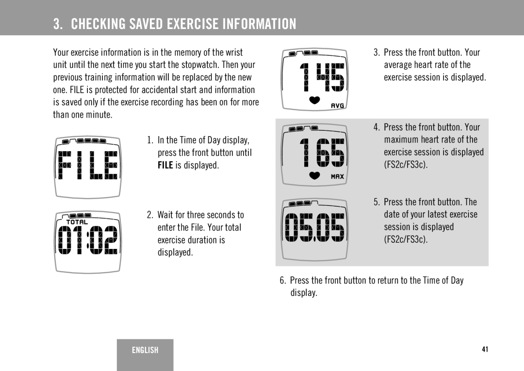 Polar FS2C, FS3c user manual Checking Saved Exercise Information 