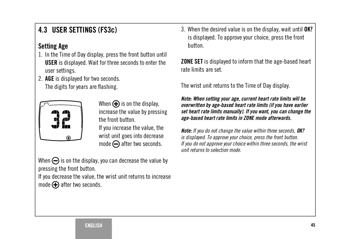 Polar FS2C user manual User Settings FS3c, Setting Age 