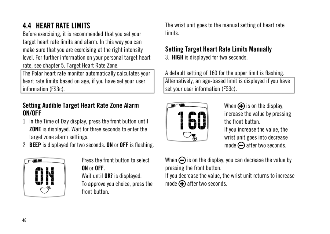 Polar FS3c, FS2C user manual Setting Target Heart Rate Limits Manually 