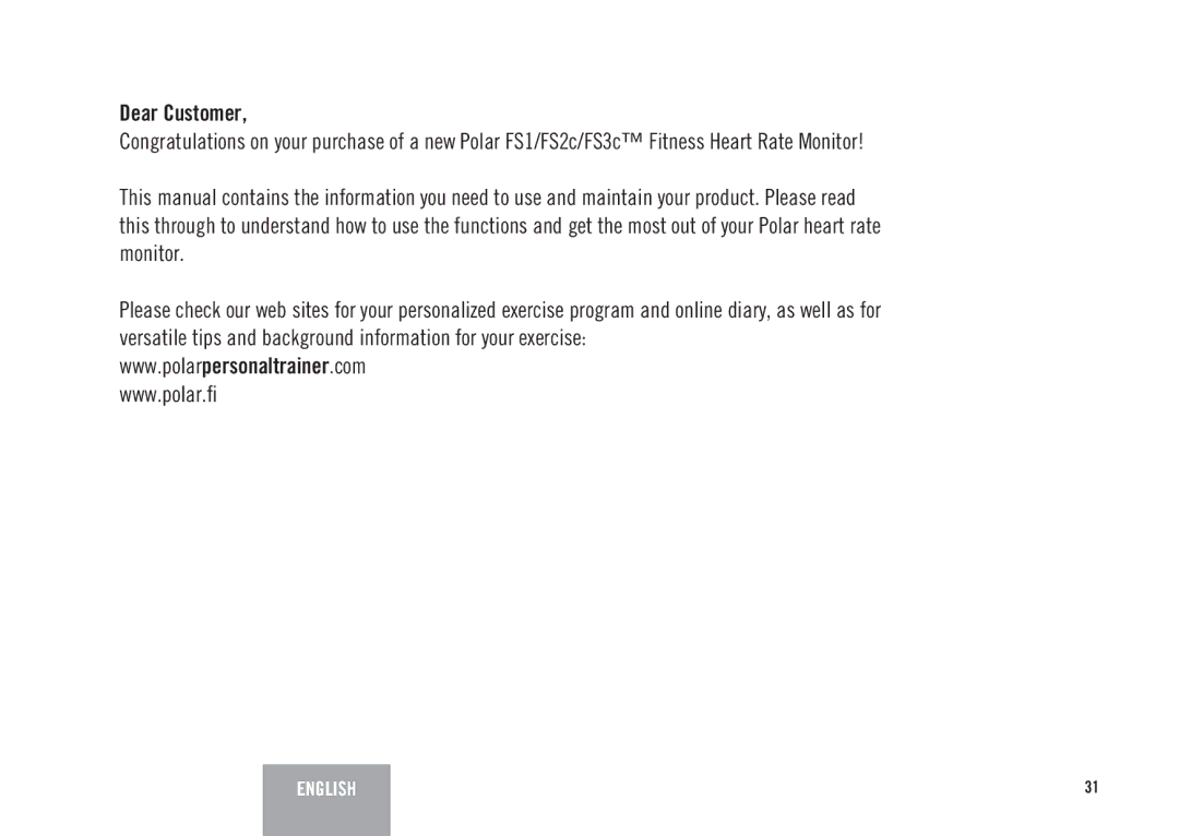 Polar FS2C, FS3c user manual Dear Customer 