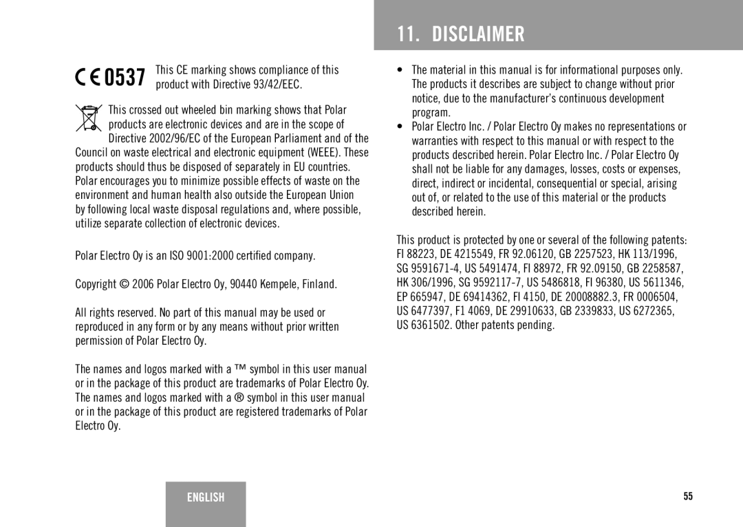 Polar FS2C, FS3c user manual Disclaimer, 0537 