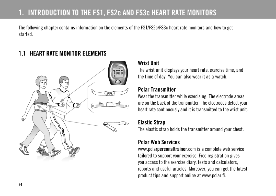 Polar FS3c, FS2C user manual Heart Rate Monitor Elements, Wrist Unit, Polar Transmitter, Elastic Strap, Polar Web Services 