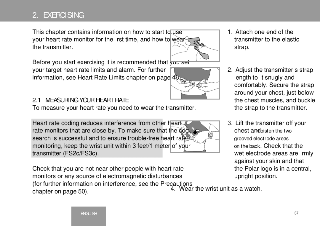 Polar FS2C, FS3c user manual Exercising, Measuring Your Heart Rate, Grooved electrode areas 