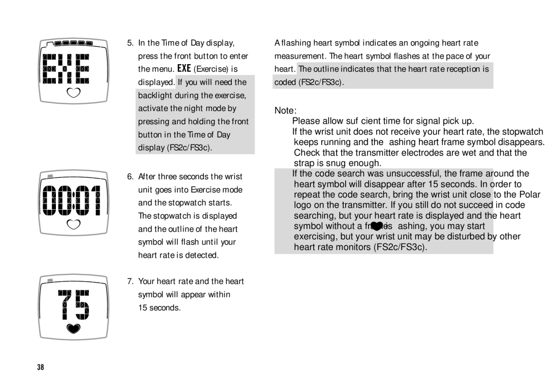Polar FS3c, FS2C user manual Please allow sufﬁcient time for signal pick up 