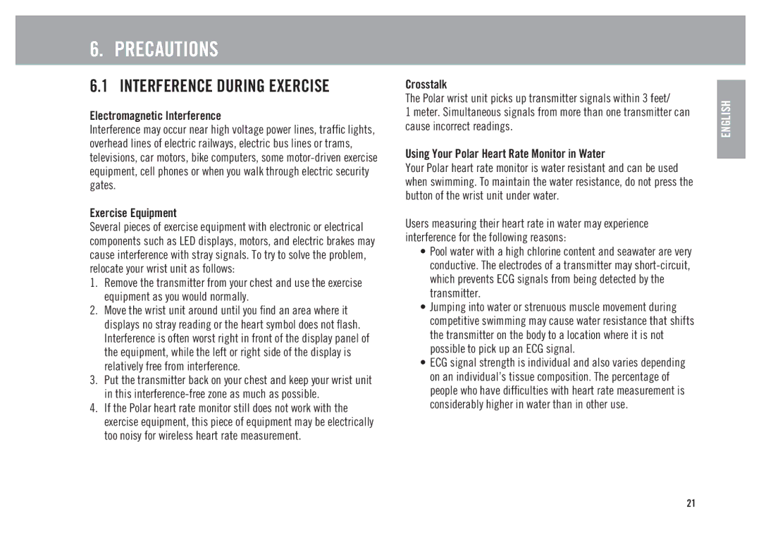 Polar FS1, FS3, FS2 user manual Precautions, Interference During Exercise 