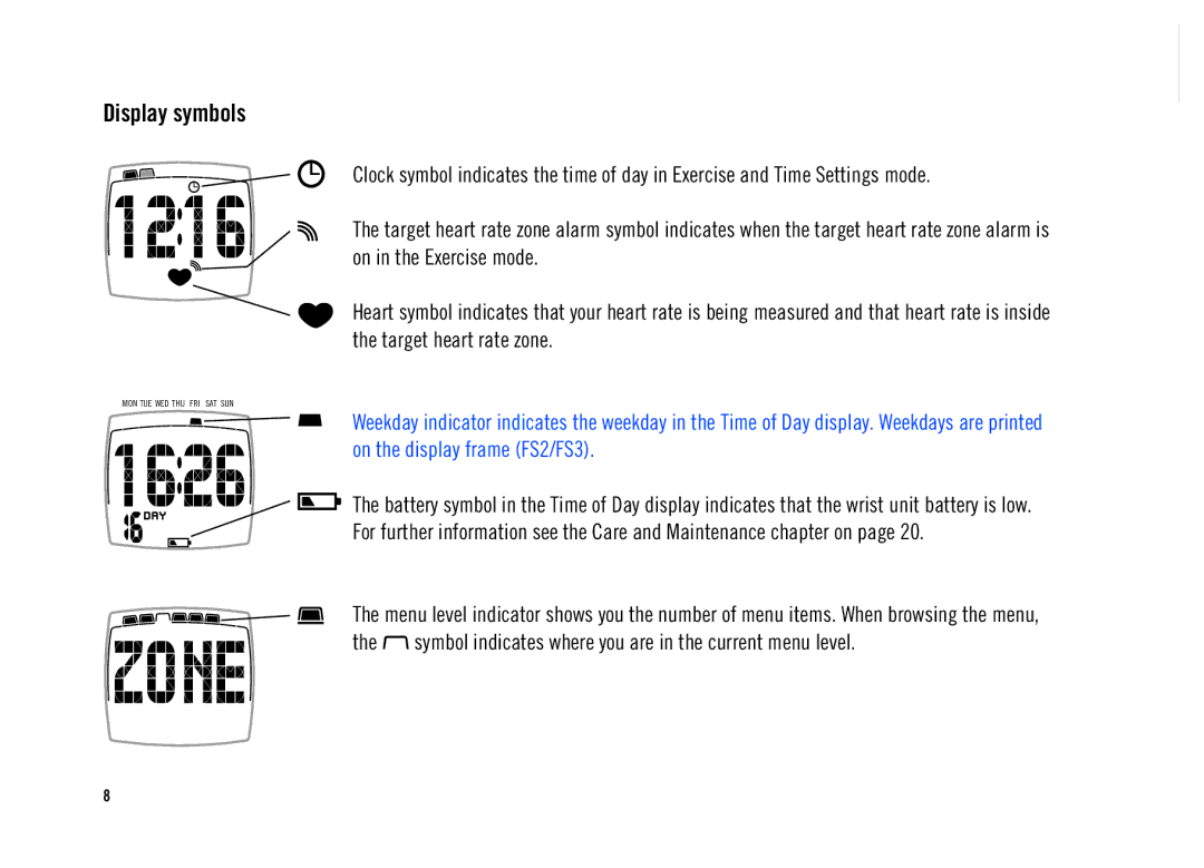 Polar FS2, FS3, FS1 user manual Display symbols 