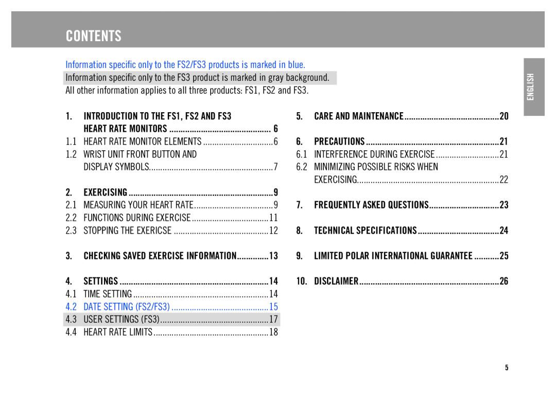Polar FS1 user manual Contents, Information speciﬁc only to the FS2/FS3 products is marked in blue 