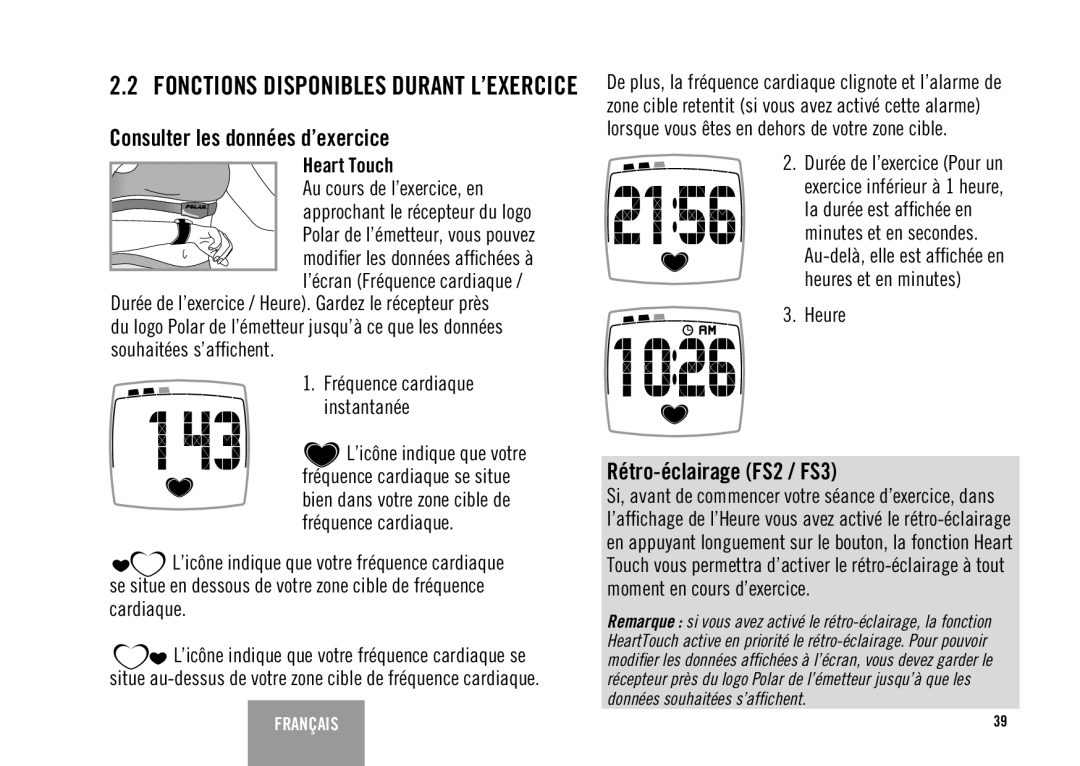 Polar FS3TM user manual Consulter les données d’exercice, Rétro-éclairage FS2 / FS3, Heure 