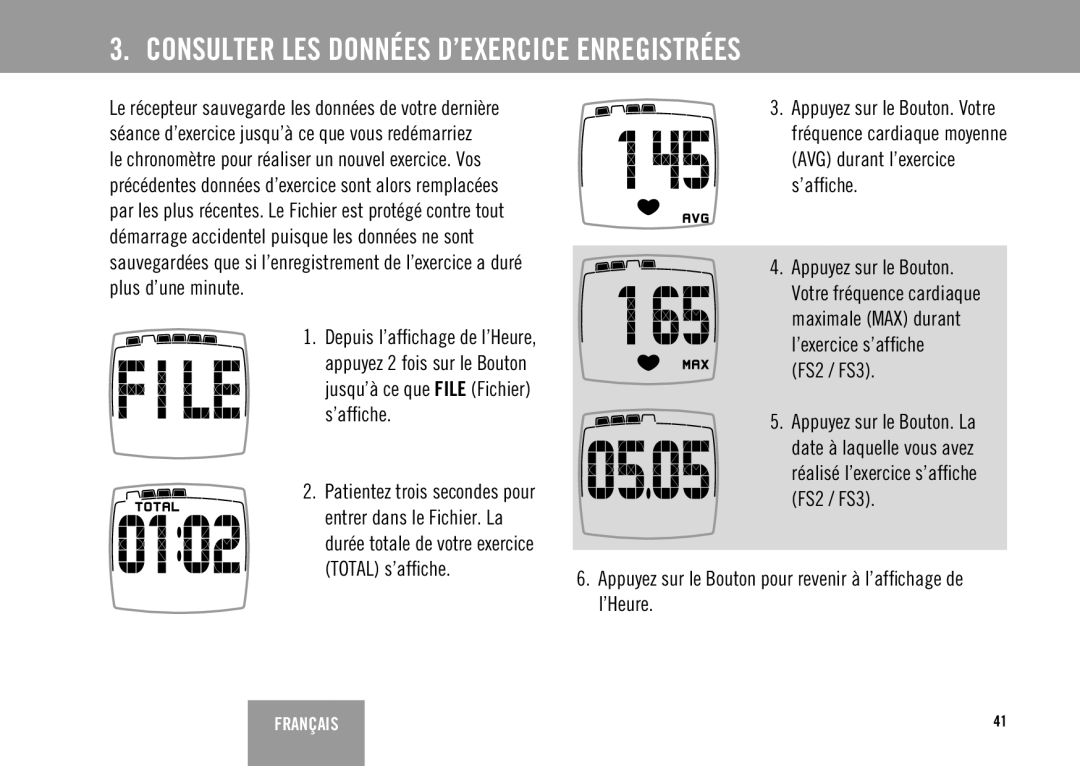 Polar FS3TM user manual Consulter LES Données D’EXERCICE Enregistrées, FS2 / FS3 