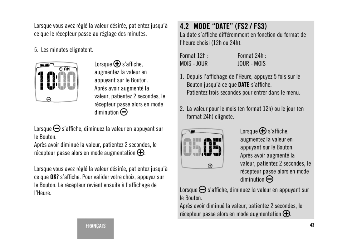 Polar FS3TM user manual Mode Date FS2 / FS3, Les minutes clignotent 