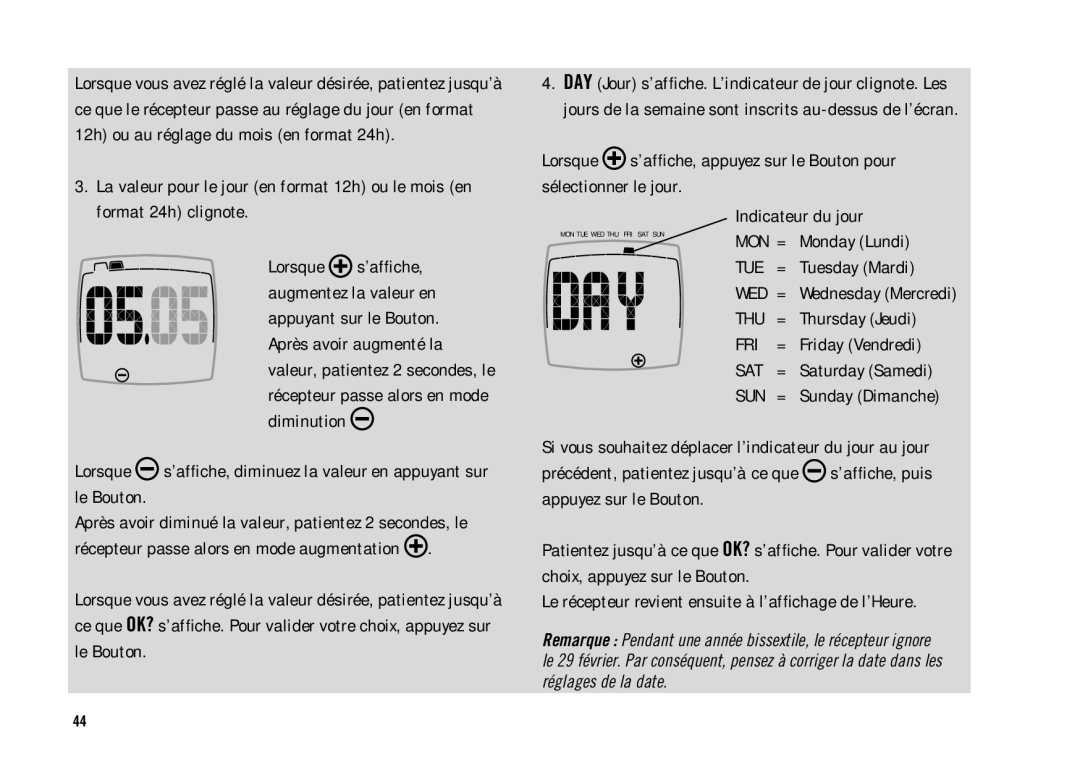 Polar FS3TM user manual Monday Lundi, Tuesday Mardi, Thursday Jeudi, Saturday Samedi 