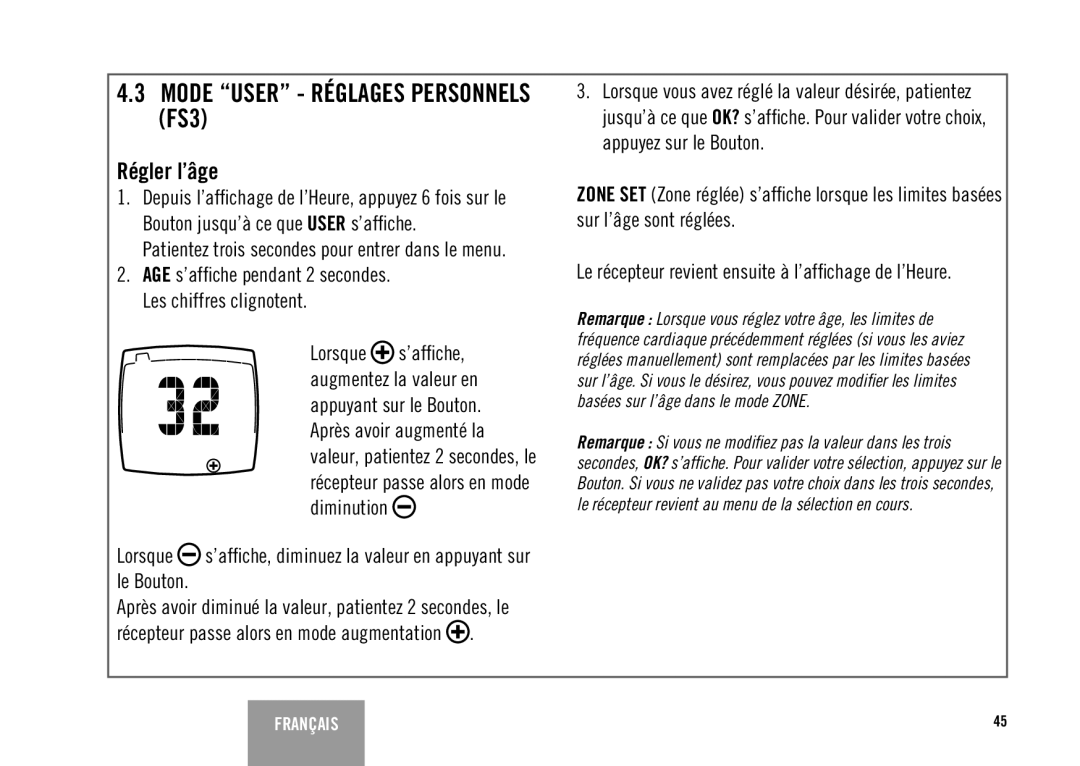 Polar FS3TM user manual Mode User Réglages Personnels FS3, Régler l’âge 