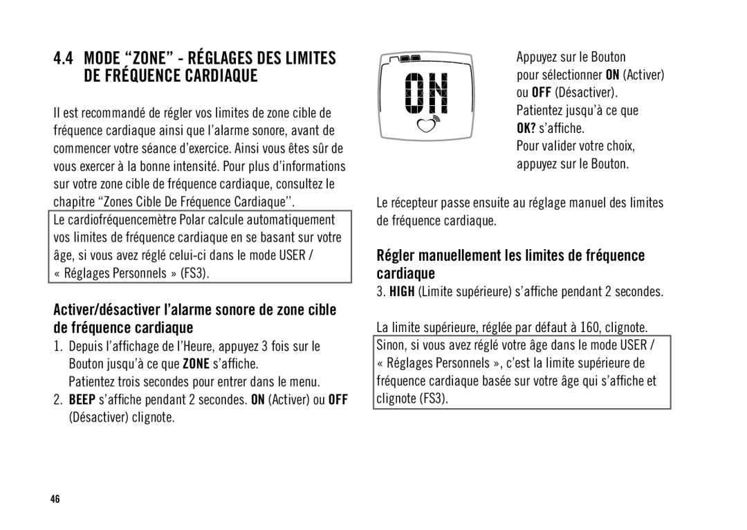 Polar FS3TM user manual Régler manuellement les limites de fréquence cardiaque, « Réglages Personnels » FS3 