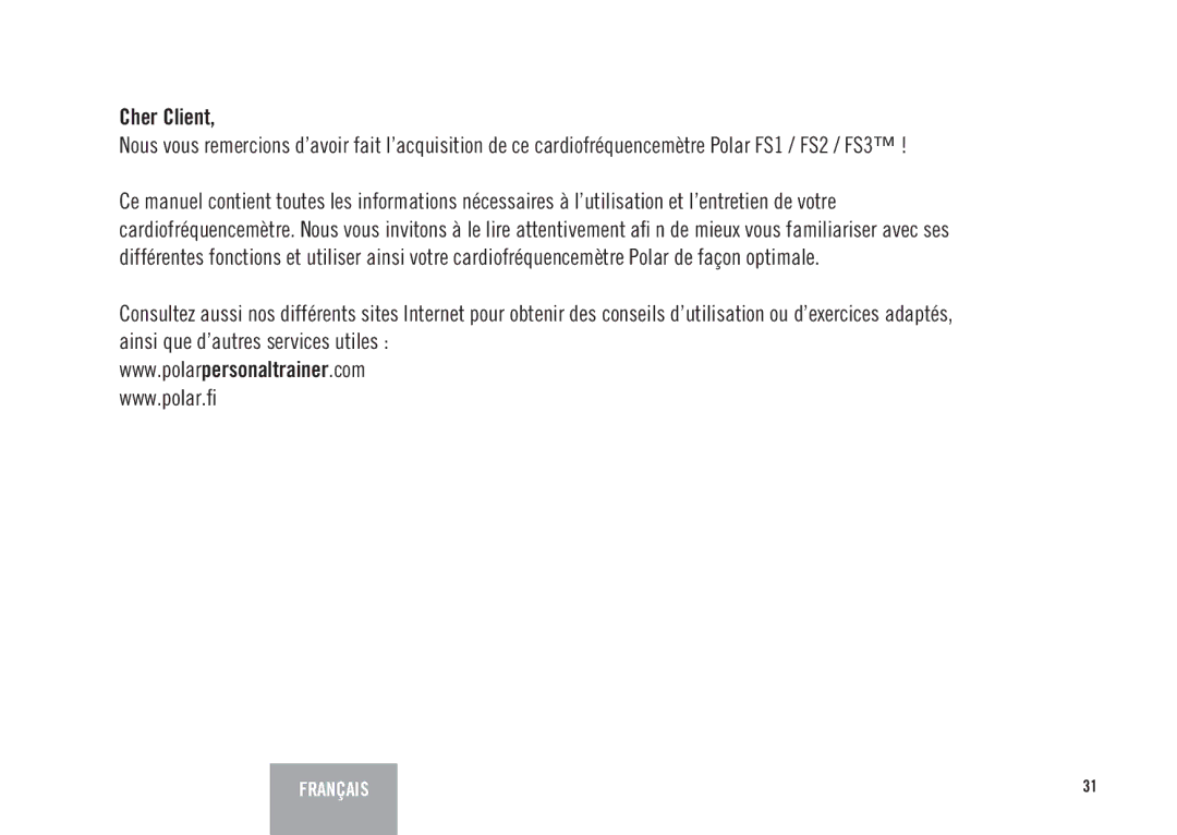 Polar FS3TM user manual Cher Client 