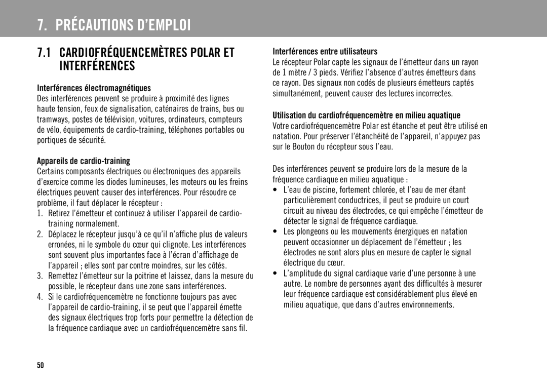 Polar FS3TM user manual Précautions D’EMPLOI, Cardiofréquencemètres Polar ET Interférences 