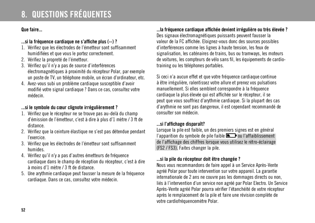 Polar FS3TM Questions Fréquentes, Que faire Si la fréquence cardiaque ne s’afﬁche plus -- ?, Si l’afﬁchage disparaît? 