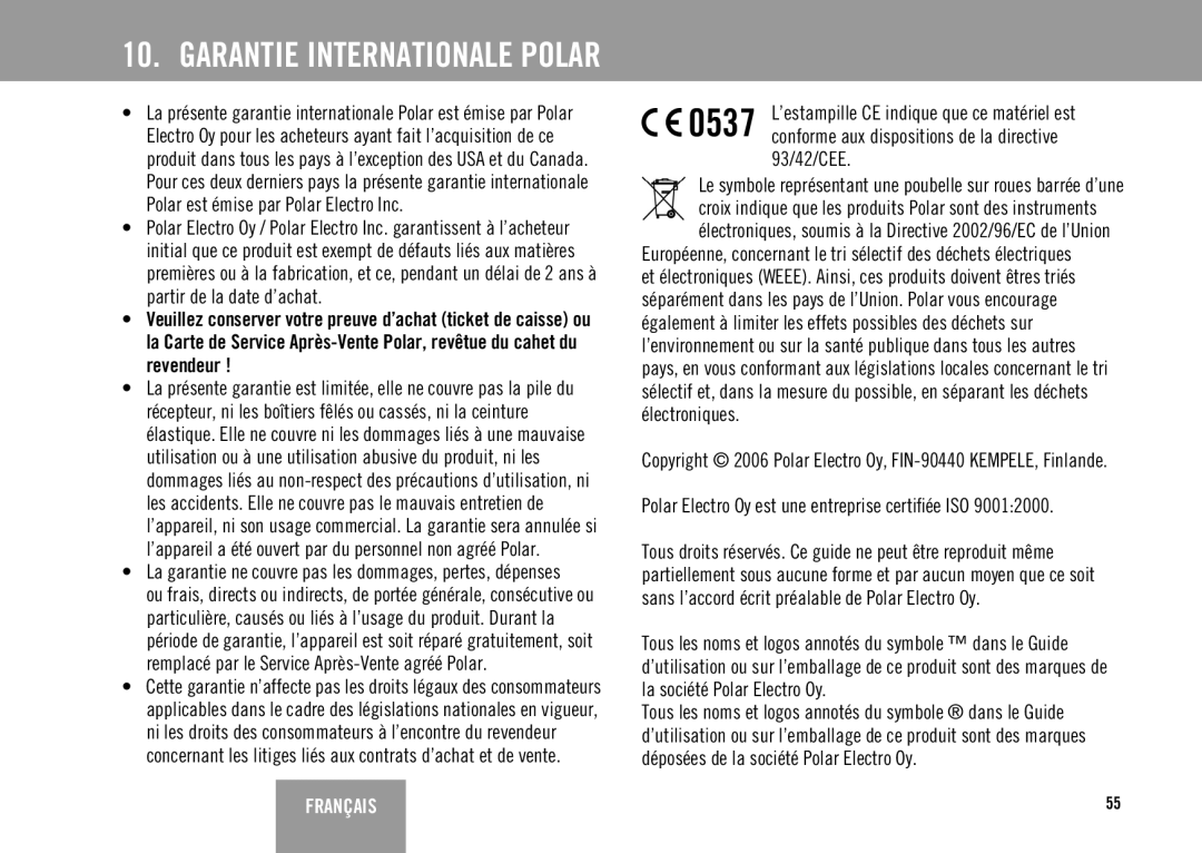 Polar FS3TM user manual 93/42/CEE, Polar Electro Oy est une entreprise certiﬁée ISO 