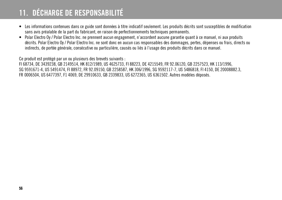 Polar FS3TM user manual 11. Décharge DE Responsabilité 