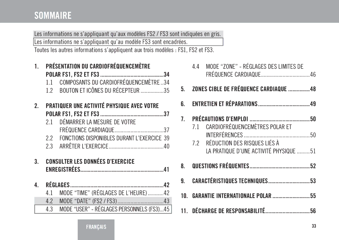 Polar FS3TM user manual Sommaire, Composants DU Cardiofréquencemètre 