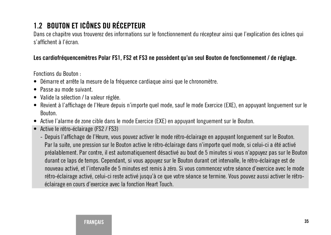 Polar FS3TM user manual Bouton ET Icônes DU Récepteur 