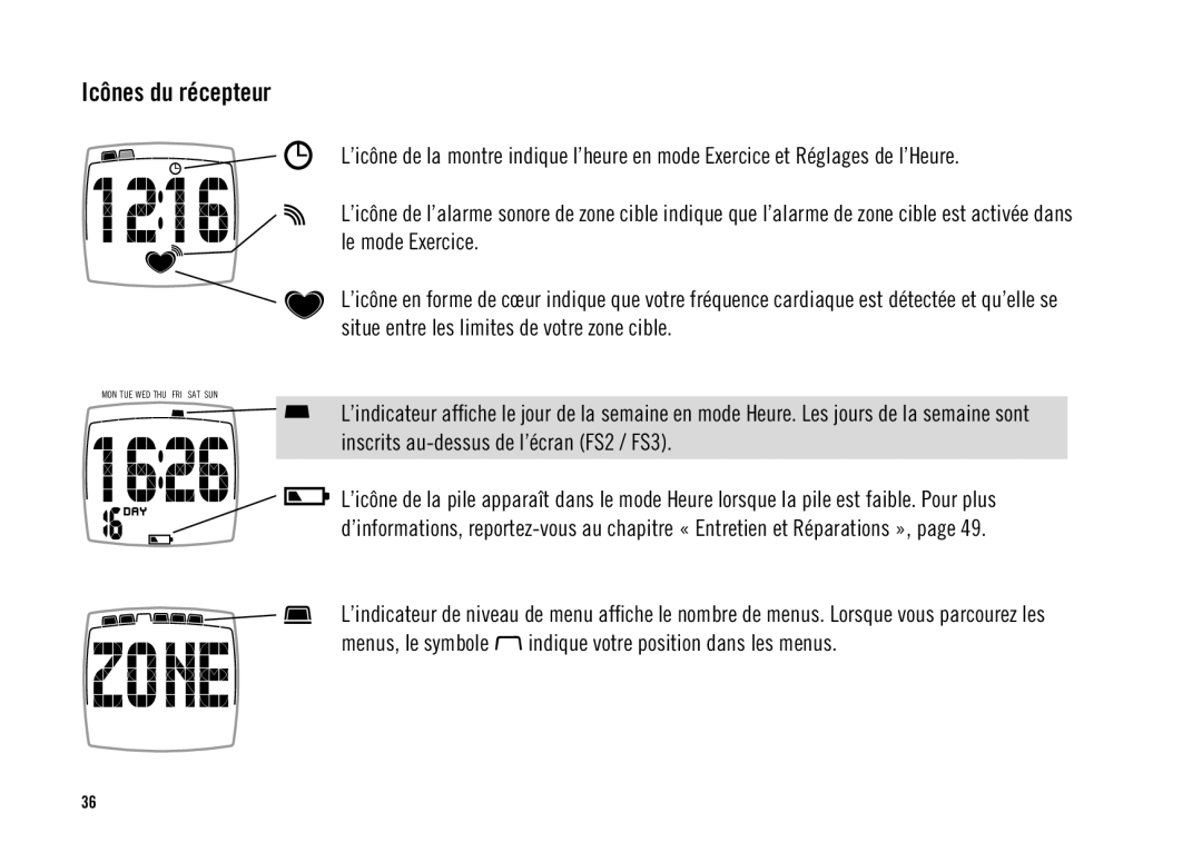 Polar FS3TM user manual Icônes du récepteur, Menus, le symbole indique votre position dans les menus 