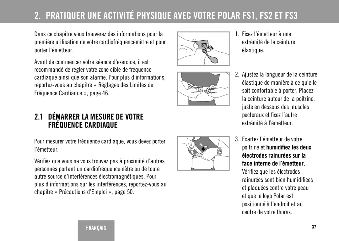 Polar FS3TM user manual Fixez l’émetteur à une extrémité de la ceinture élastique 