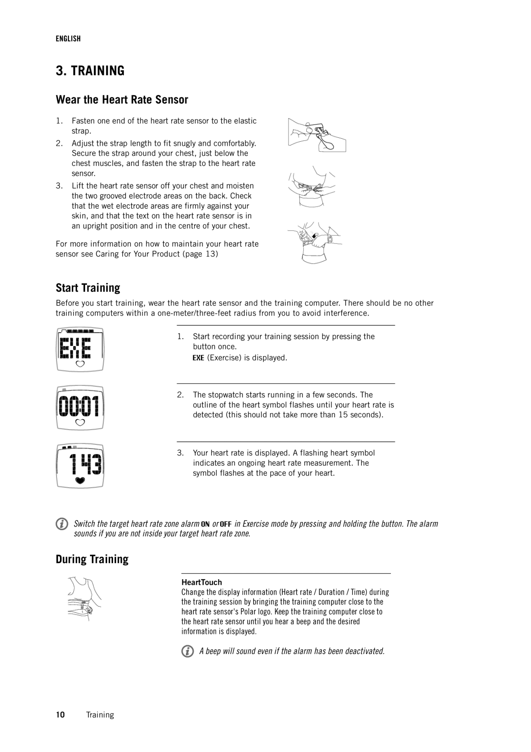 Polar FT1BLK user manual Wear the Heart Rate Sensor, Start Training, During Training, HeartTouch 