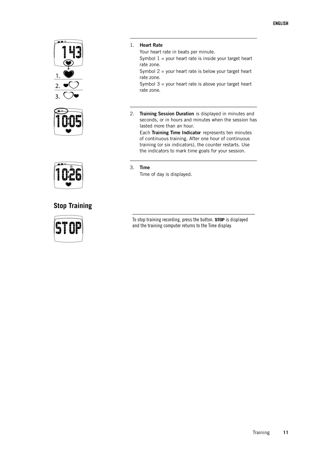 Polar FT1BLK user manual Stop Training, Heart Rate, Time 