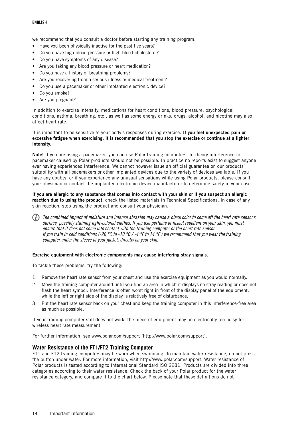 Polar FT1BLK user manual Water Resistance of the FT1/FT2 Training Computer 