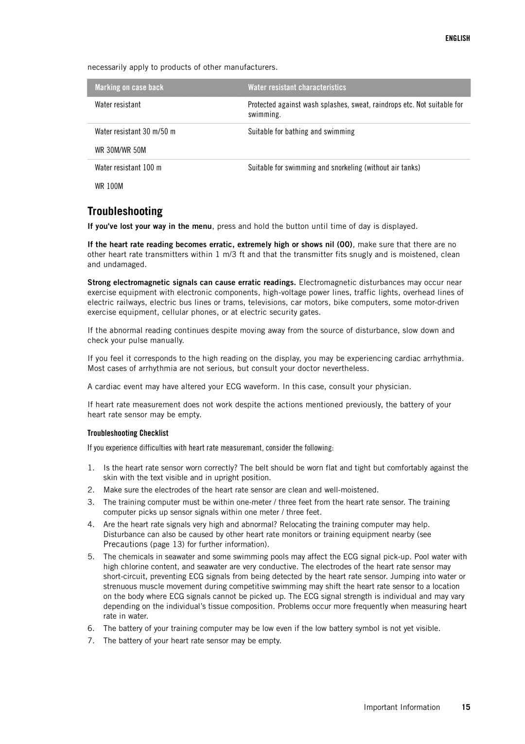 Polar FT1BLK user manual Troubleshooting, Marking on case back Water resistant characteristics 