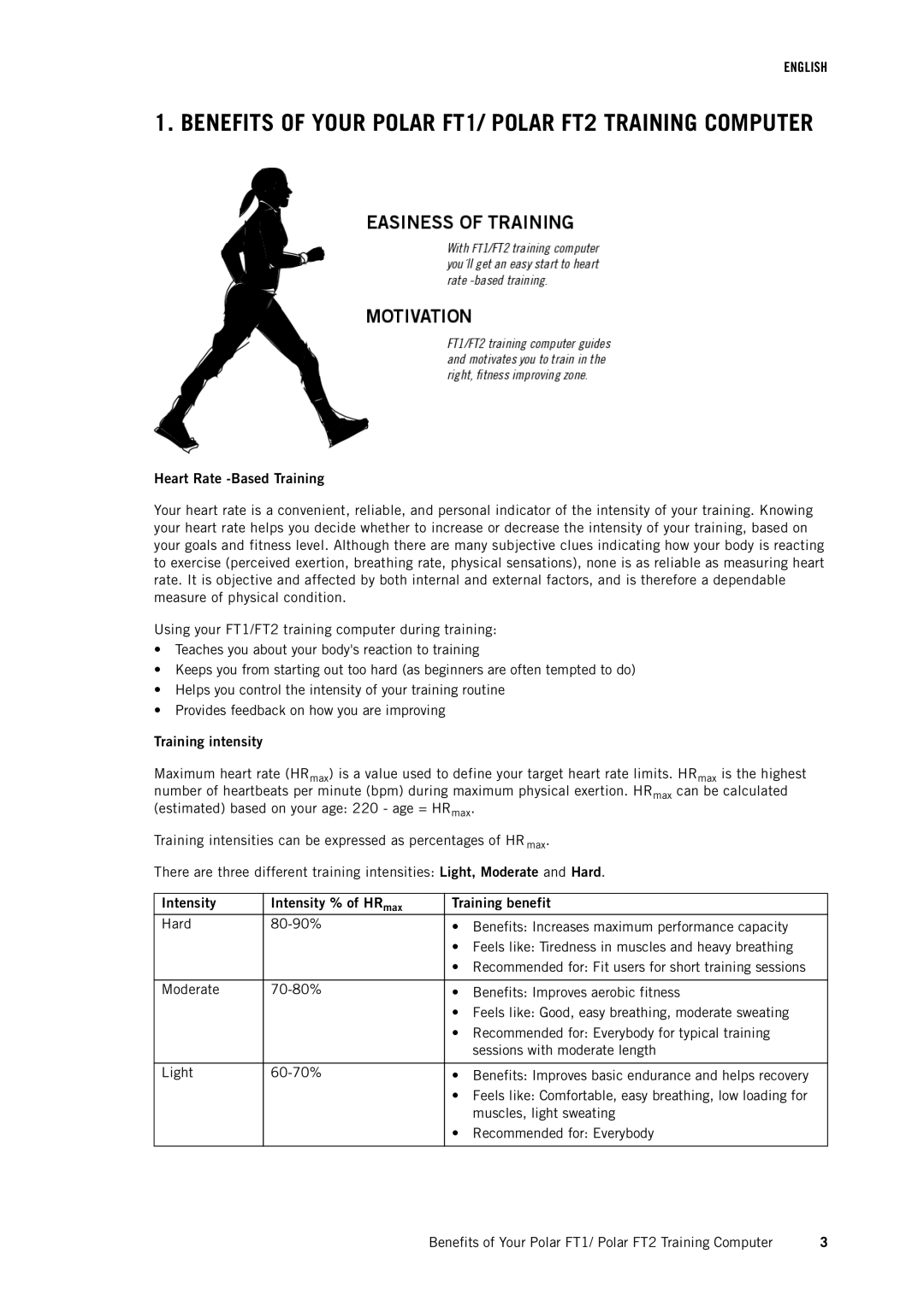 Polar FT1BLK user manual Heart Rate -Based Training, Training intensity, Intensity Intensity % of HR max Training benefit 