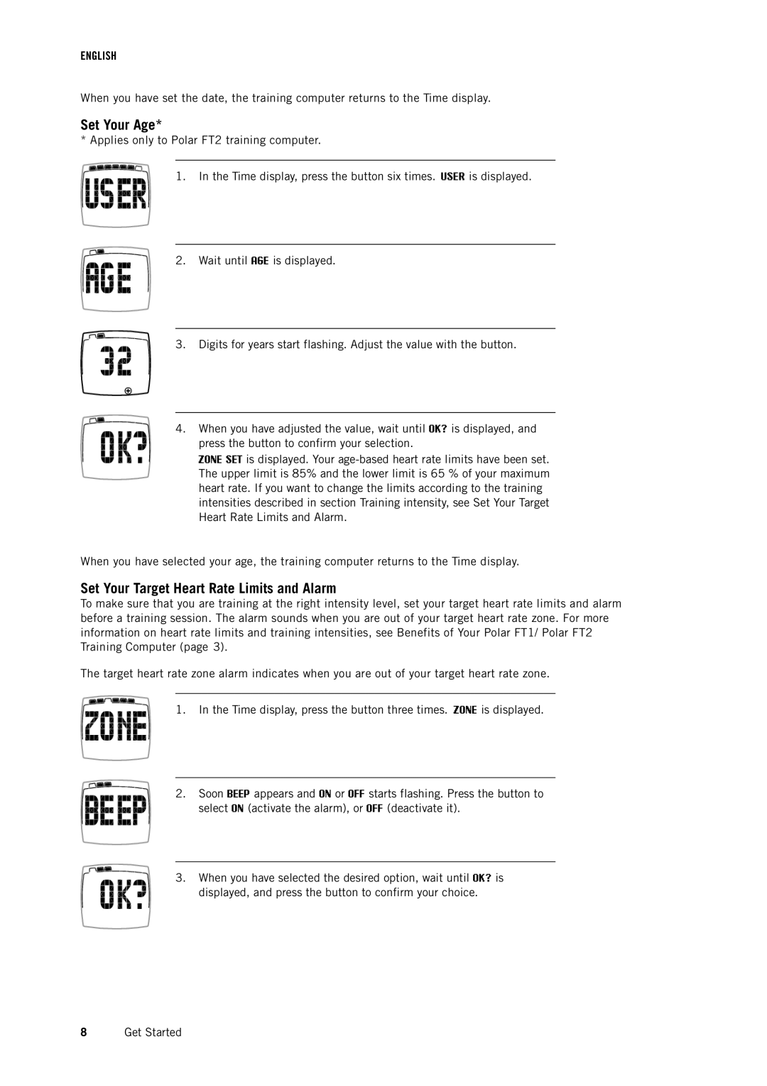 Polar FT1BLK user manual Set Your Age, Set Your Target Heart Rate Limits and Alarm 