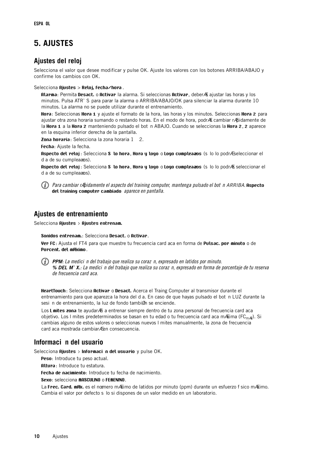 Polar FT4 manual Ajustes del reloj, Ajustes de entrenamiento, Información del usuario 