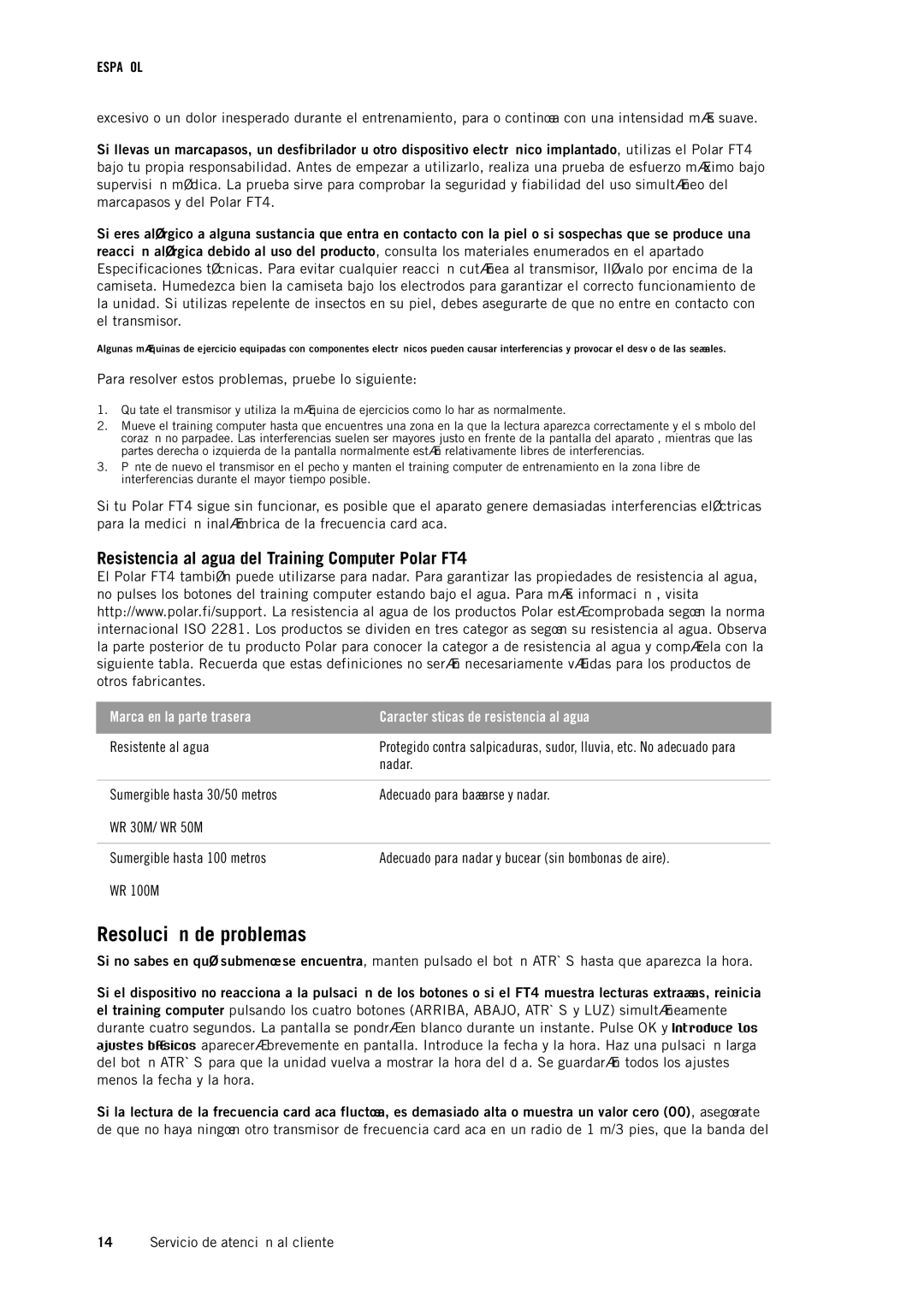 Polar manual Resolución de problemas, Resistencia al agua del Training Computer Polar FT4 