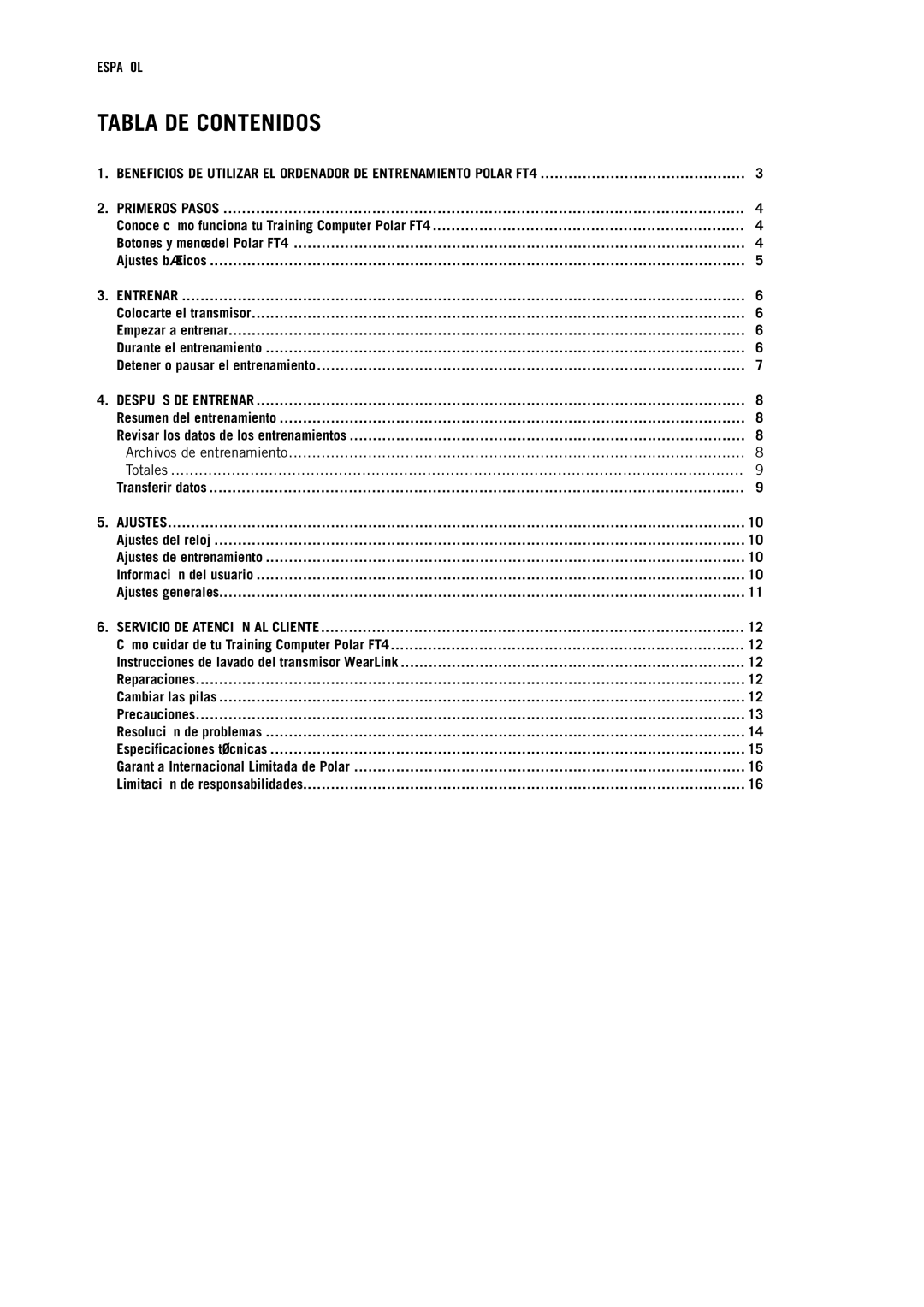 Polar FT4 manual Tabla DE Contenidos, Primeros Pasos 