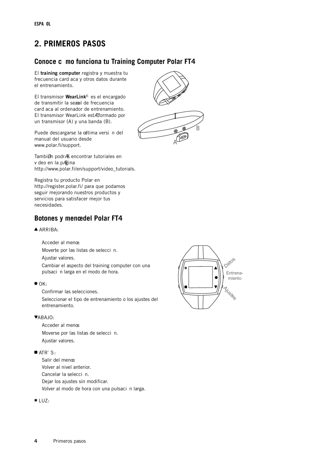 Polar manual Primeros Pasos, Conoce cómo funciona tu Training Computer Polar FT4, Botones y menú del Polar FT4 