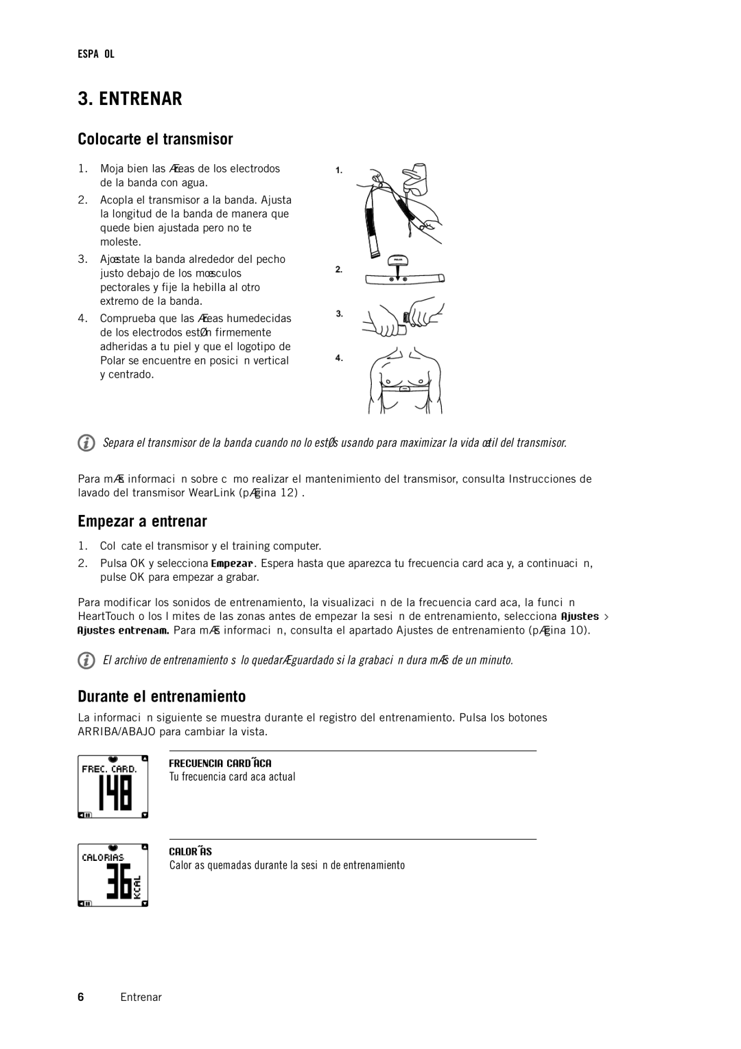 Polar FT4 manual Entrenar, Colocarte el transmisor, Empezar a entrenar, Durante el entrenamiento 