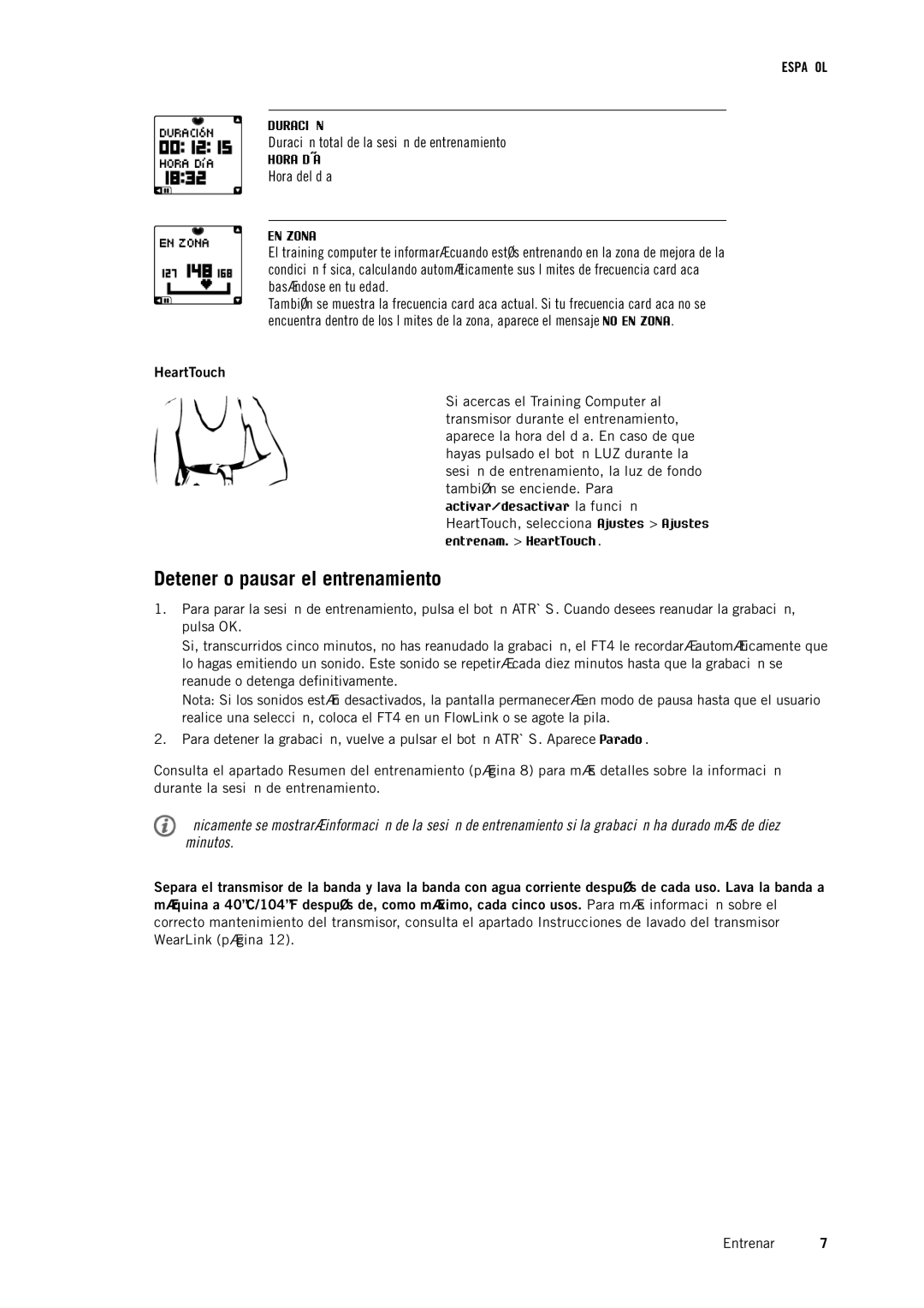 Polar FT4 manual Detener o pausar el entrenamiento, HeartTouch 