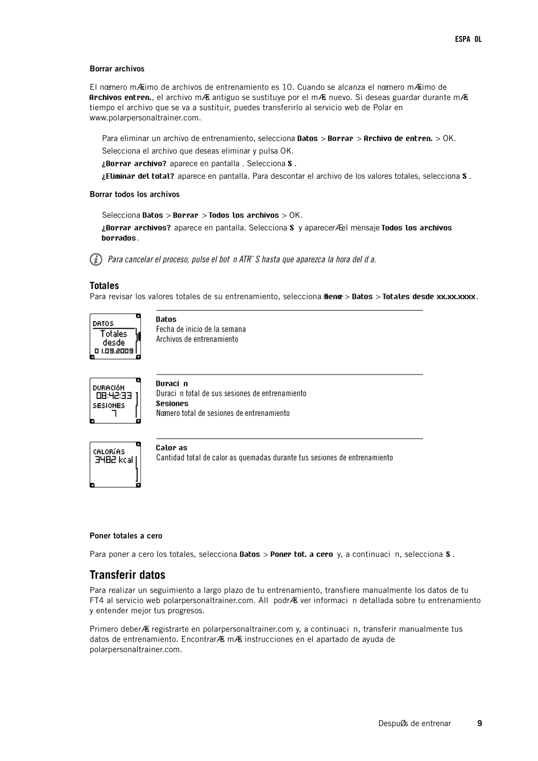 Polar FT4 manual Transferir datos, Totales 