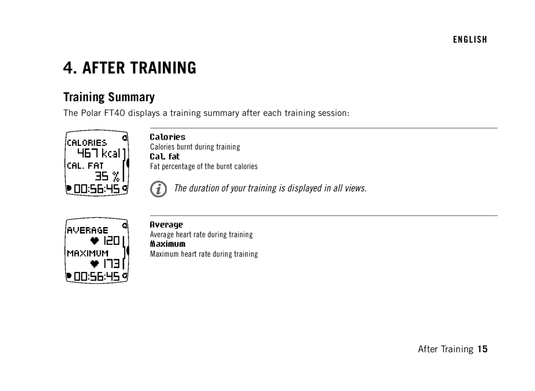 Polar FT40 user manual Training Summary, Cal. fat, Average, Maximum 