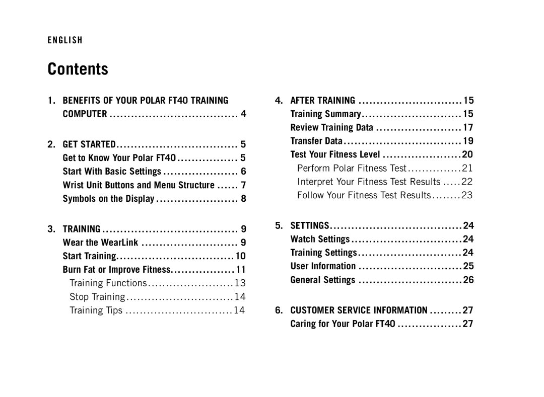 Polar FT40 user manual Contents 