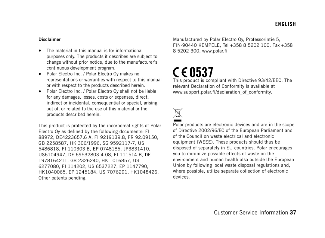 Polar FT40 user manual Disclaimer 