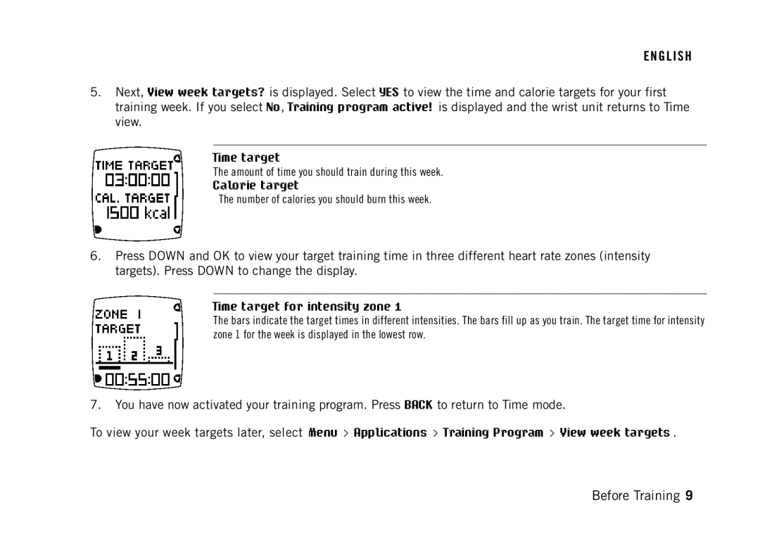 Polar FT60G1BLK user manual Calorie target, Time target for intensity zone 