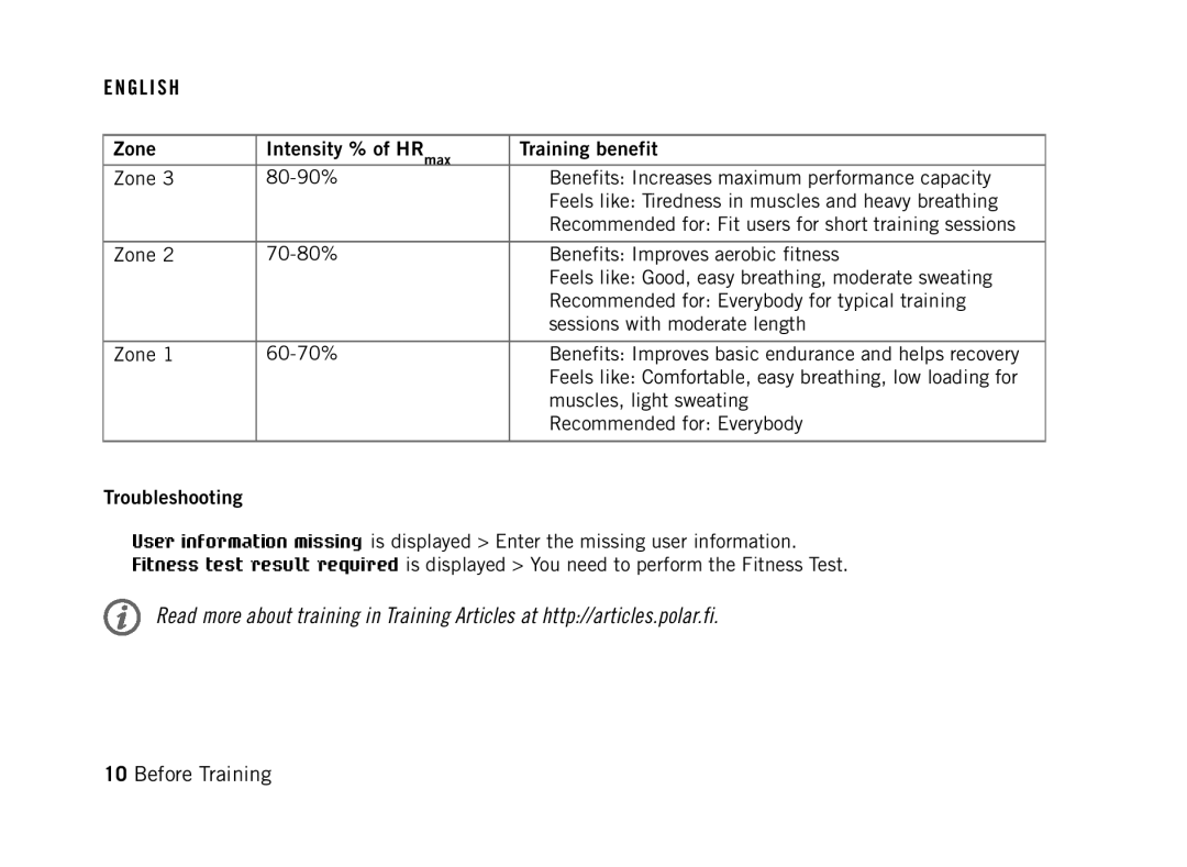 Polar FT60G1BLK user manual Zone Intensity % of HRmax Training benefit, Troubleshooting 