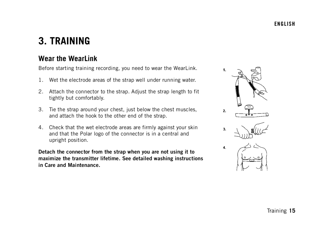 Polar FT60G1BLK user manual Training, Wear the WearLink 