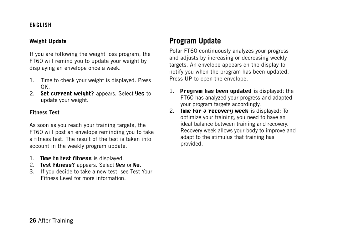 Polar FT60G1BLK user manual Program Update, Weight Update, Fitness Test 