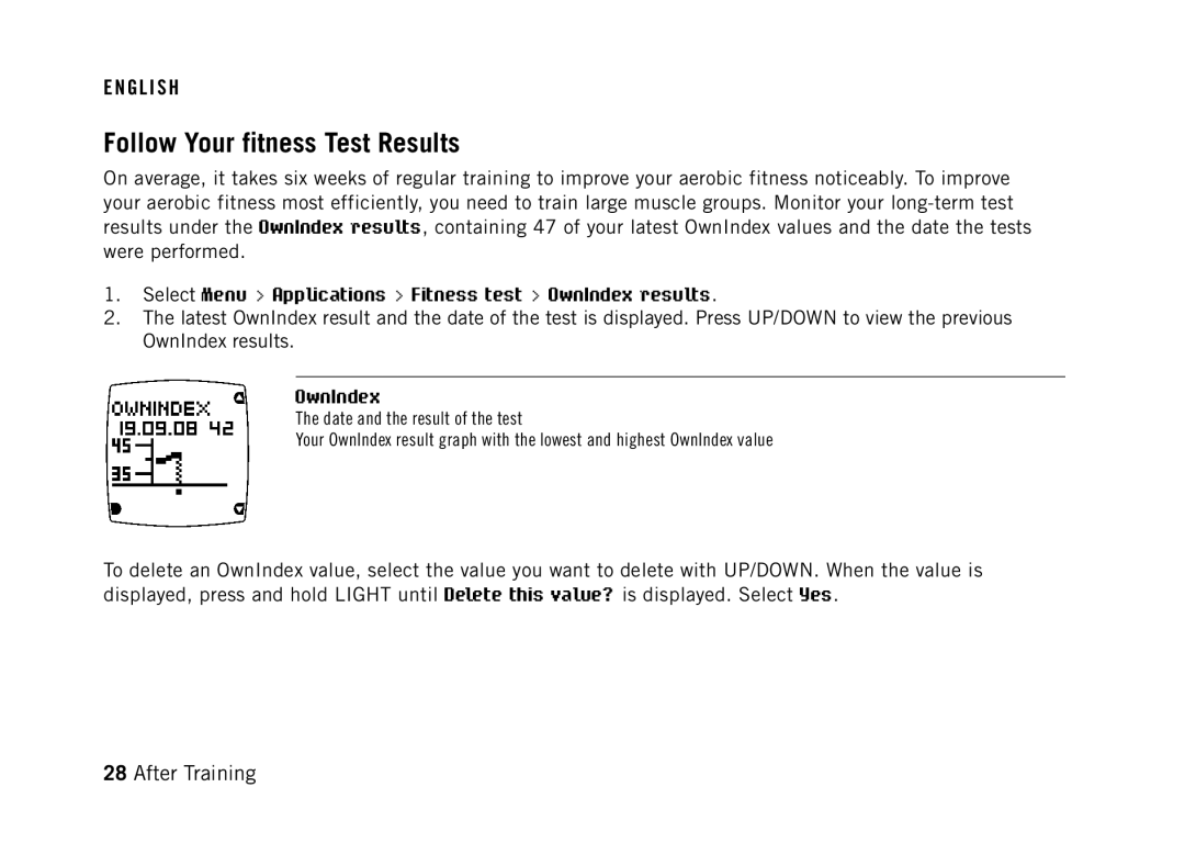 Polar FT60G1BLK user manual Follow Your fitness Test Results, Select Menu Applications Fitness test OwnIndex results 