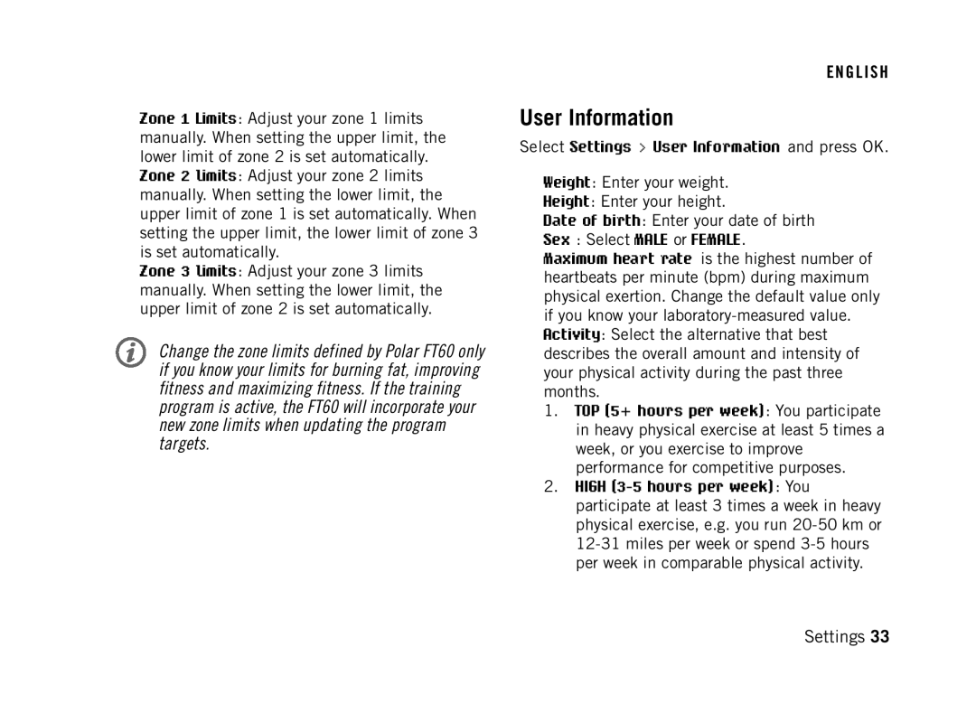 Polar FT60G1BLK user manual Select Settings User Information and press OK, Sex Select Male or Female 